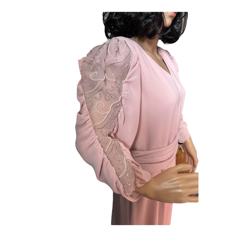 1980s Bernadette Designs Pink Beaded Sleeve Midi Gown Medium